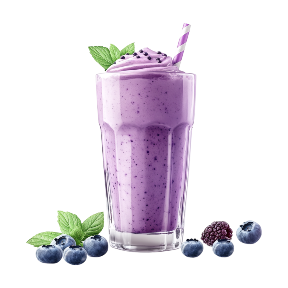 a blueberry smoothie with mint leaves and berries on transparent background png