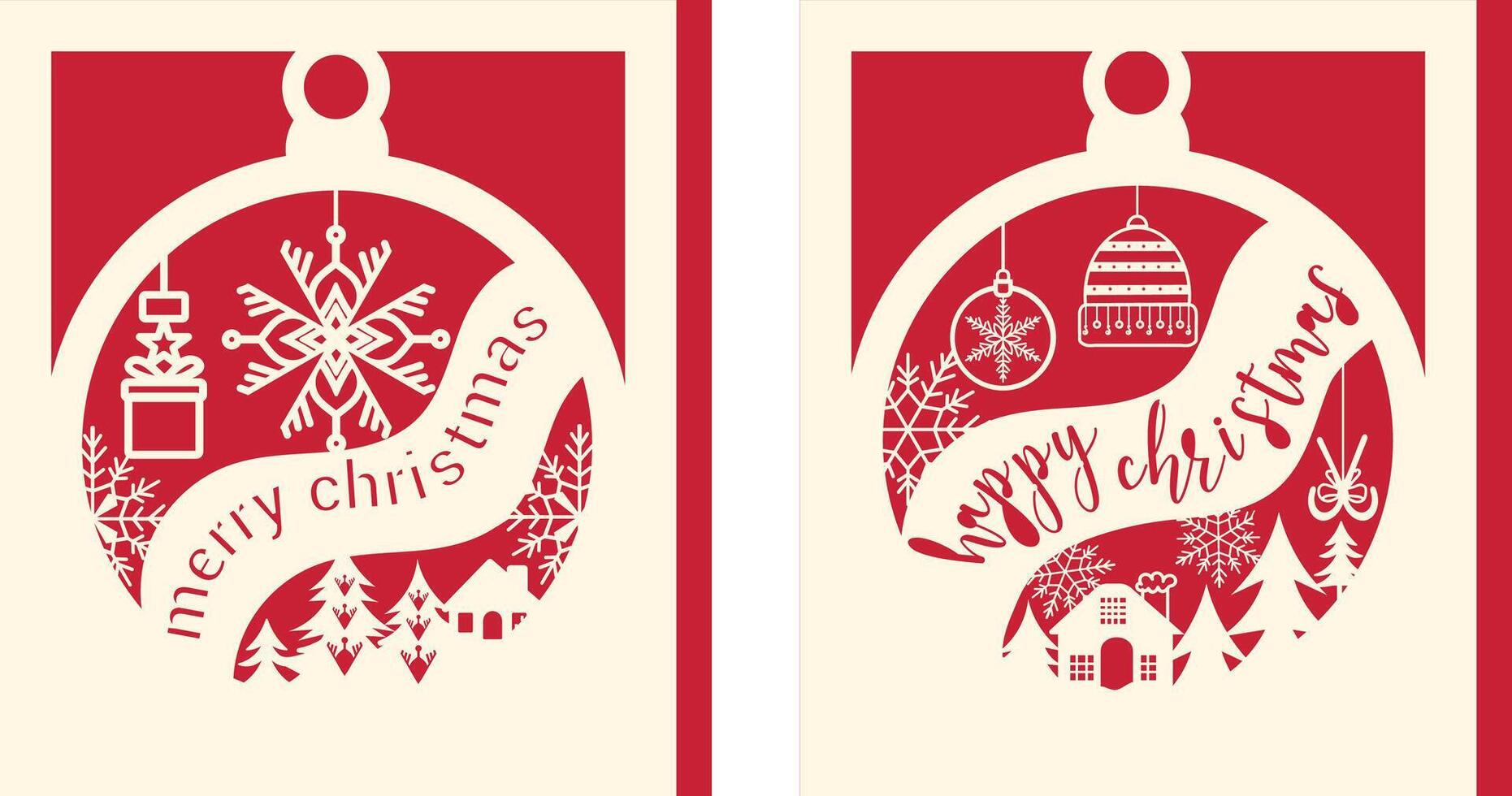 Elegant Christmas ball designs with snowflakes, gifts, trees, and village scenes in paper-cut style. Perfect for holiday cards and crafts. vector