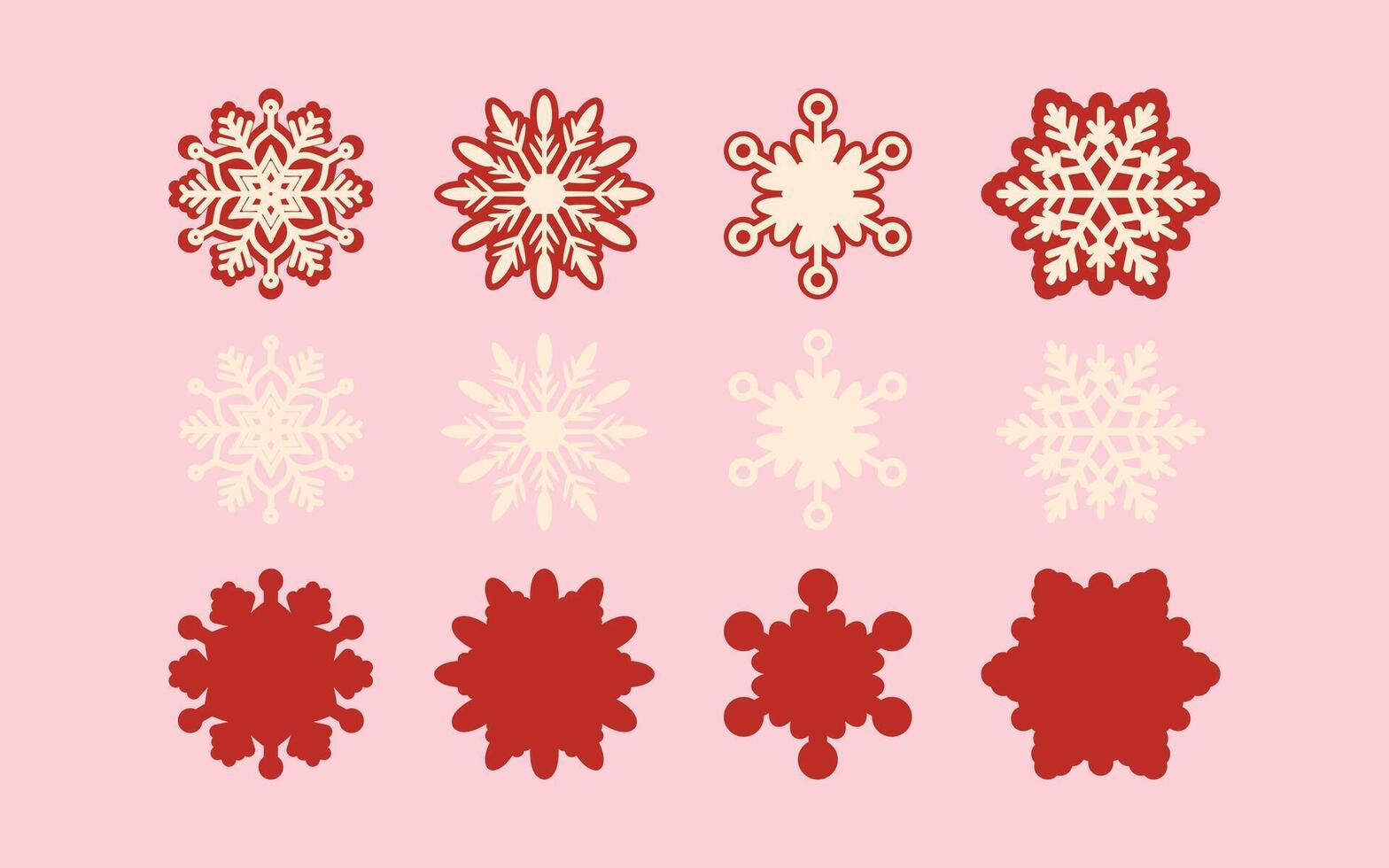 Flat Snowflake Icon Set in Red and Cream on Pink Background vector