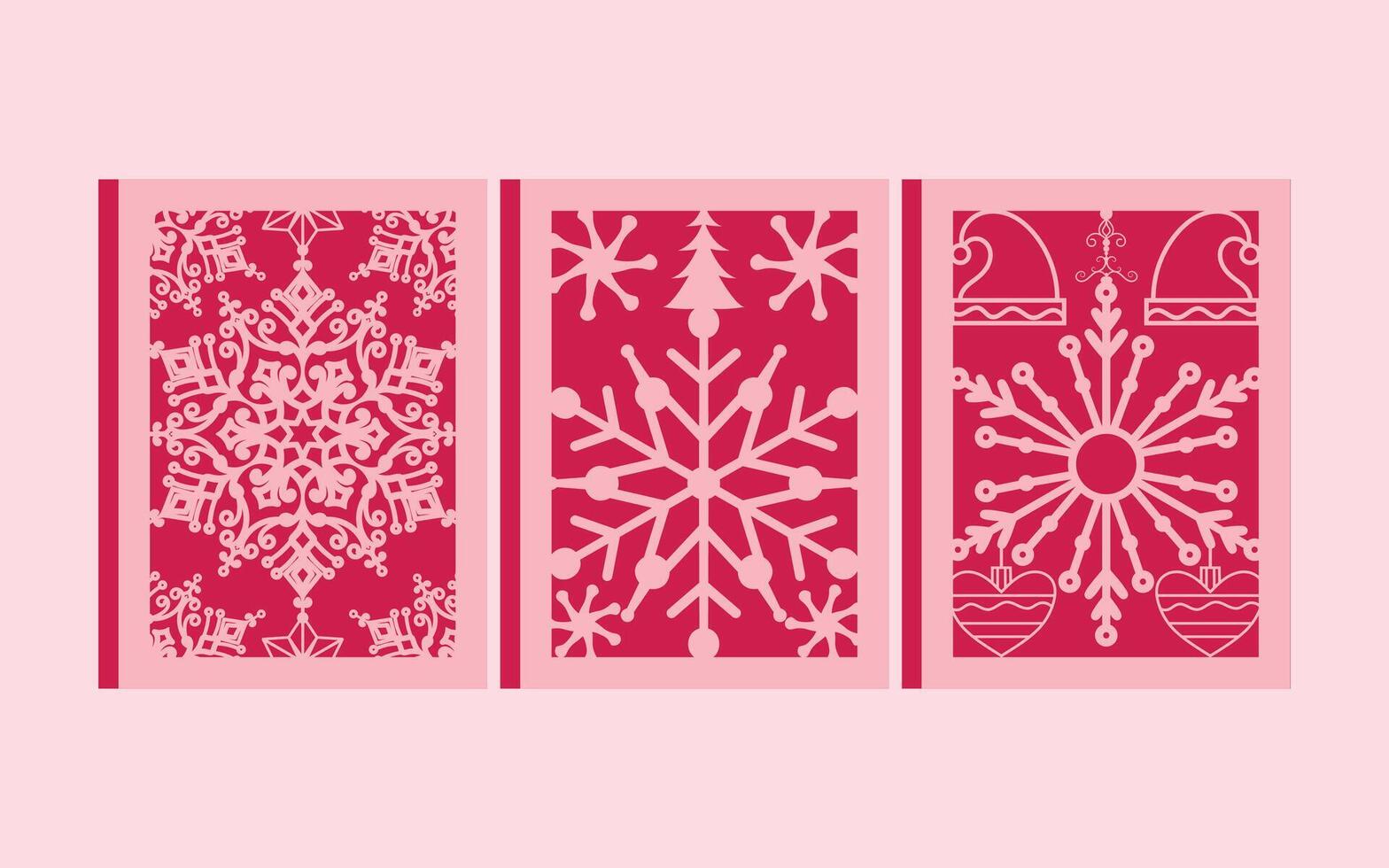 A beautifully designed collection of three intricate holiday snowflakes featuring festive elements like reindeer, Christmas trees, bells, and hearts in a red and pink color palette. vector