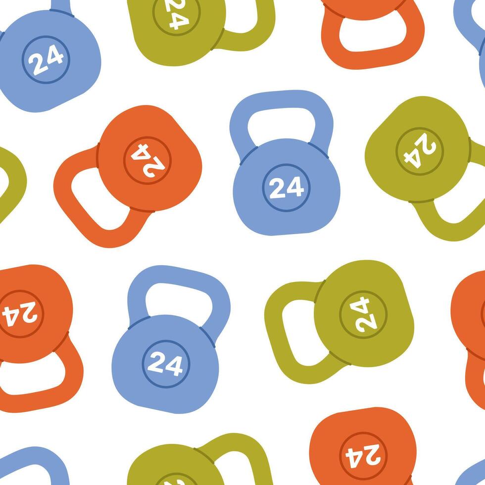 Seamless pattern with colorful kettlebells on white background. Green, blue and orange weight for fitness and sport. Athletic equipment for strength exercises. Flat illustration vector
