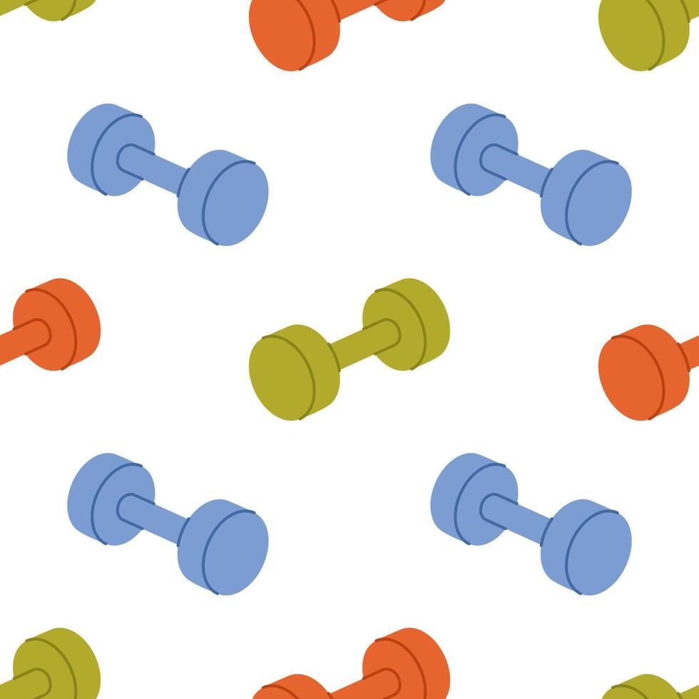 Seamless pattern with colorful dumbbells on white background. Green, blue and orange weight for fitness and sport. Athletic equipment for strength exercises, muscle training. Flat illustration vector