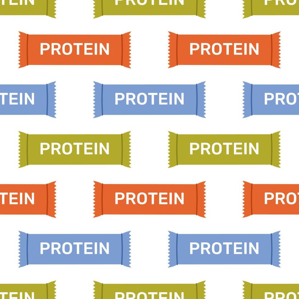 Seamless pattern with colorful energy protein bars on white background. Green, blue and orange fitness snacks. Sport supplement. Healthy nutrition. Flat illustration vector