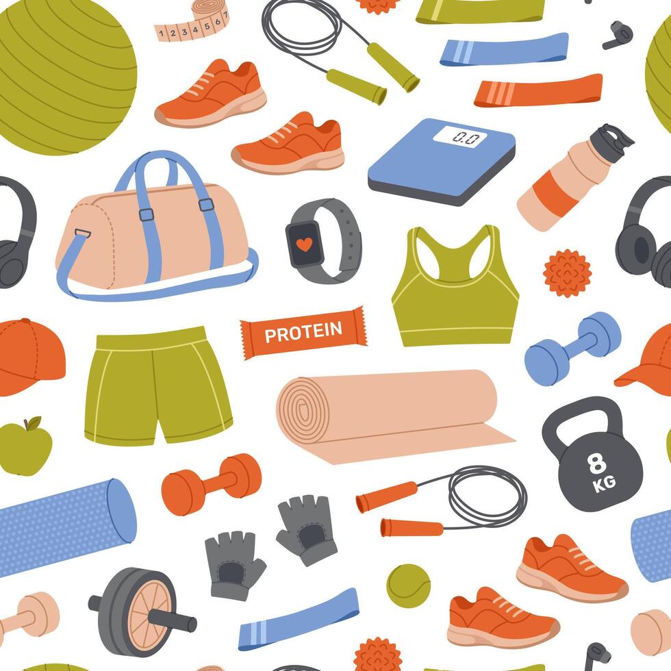 Seamless pattern with fitness equipment on white background. Dumbbells, kettlebell, exercise mat, balls, protein bar, bag and other elements. Healthy lifestyle. Sport, gym. Flat illustration vector