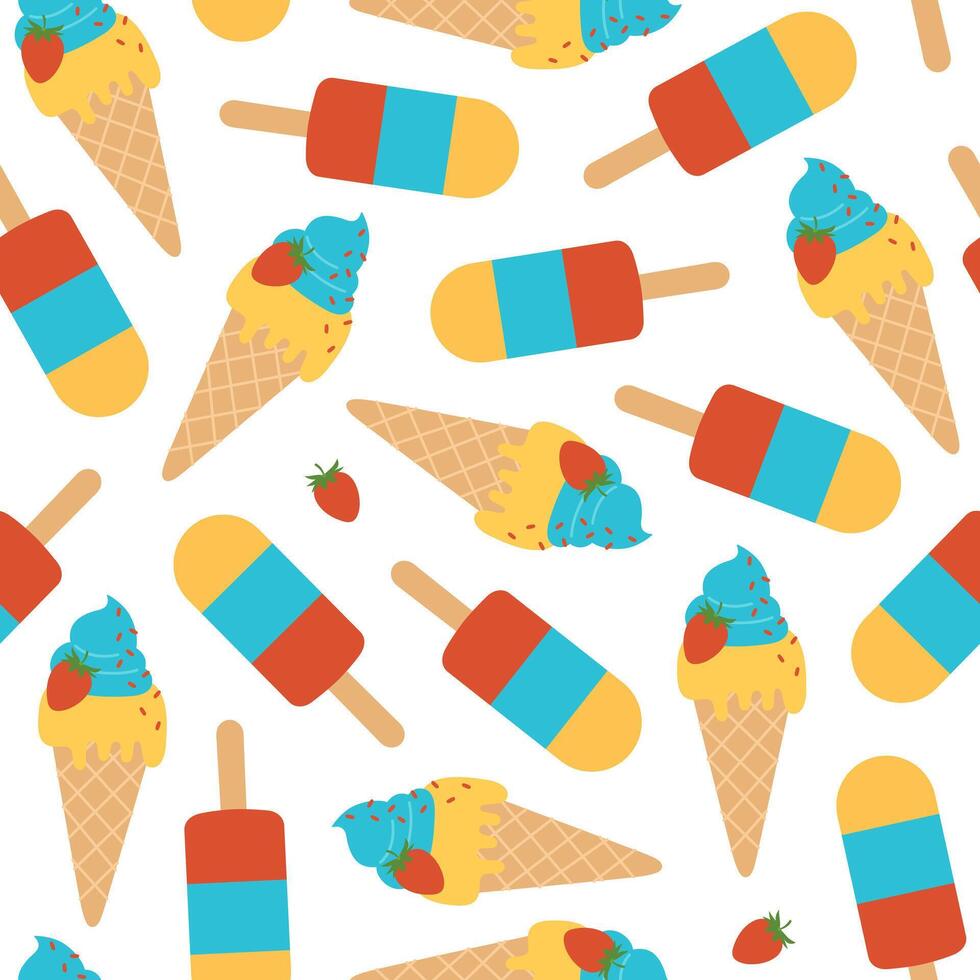 Seamless pattern with ice cream and strawberries on white background. Cold dessert. Summer sweets. Flat illustration vector