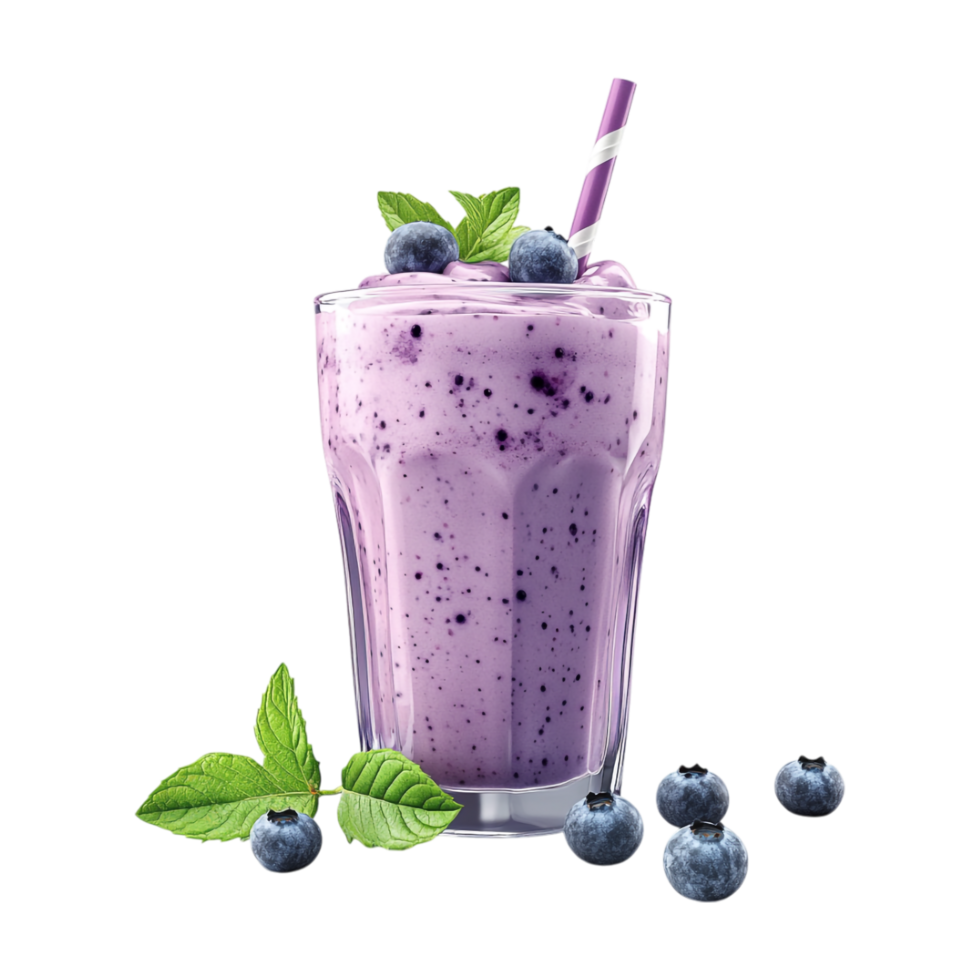 blueberry smoothie with mint leaves and berries on transparent background png