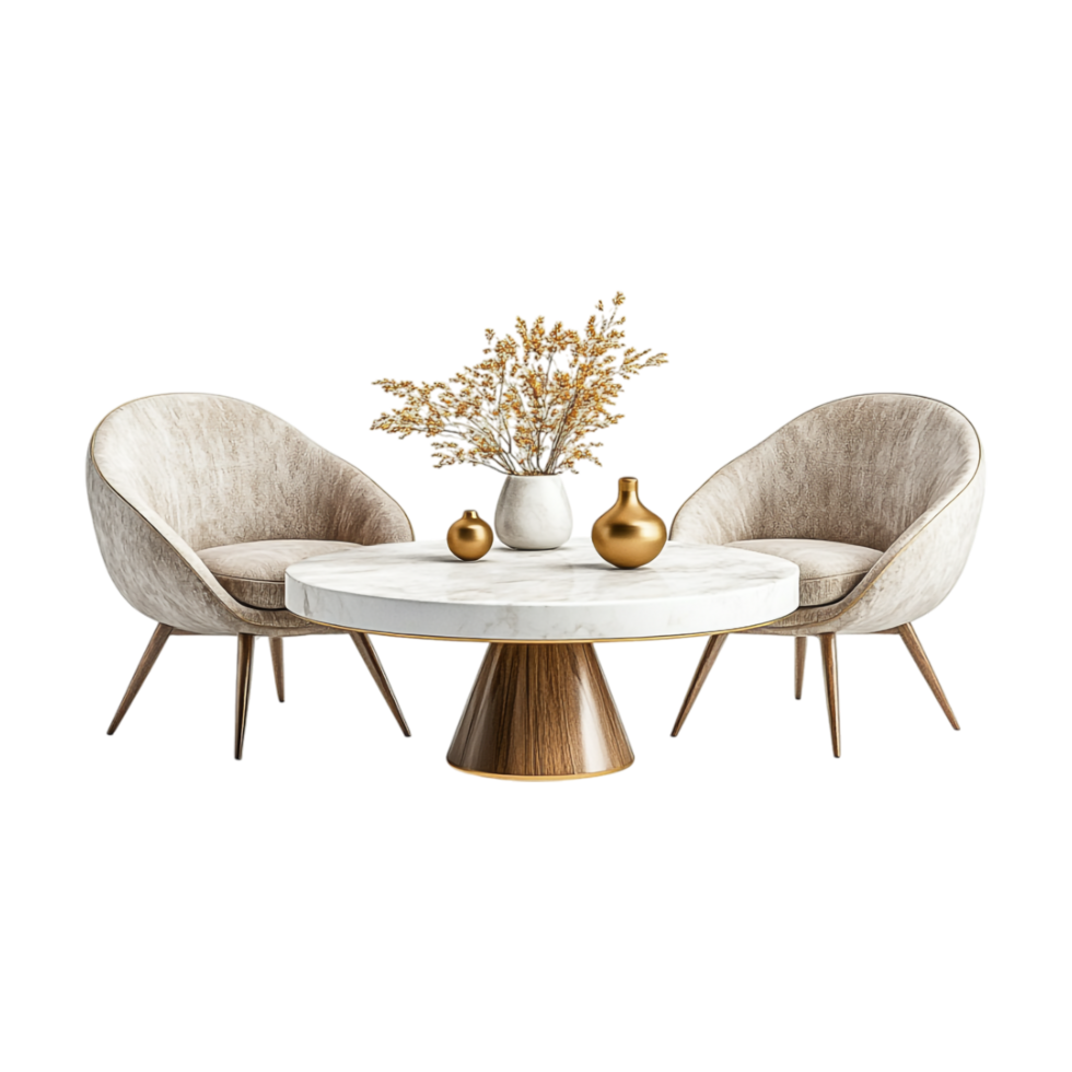 a round table with two chairs and a vase png