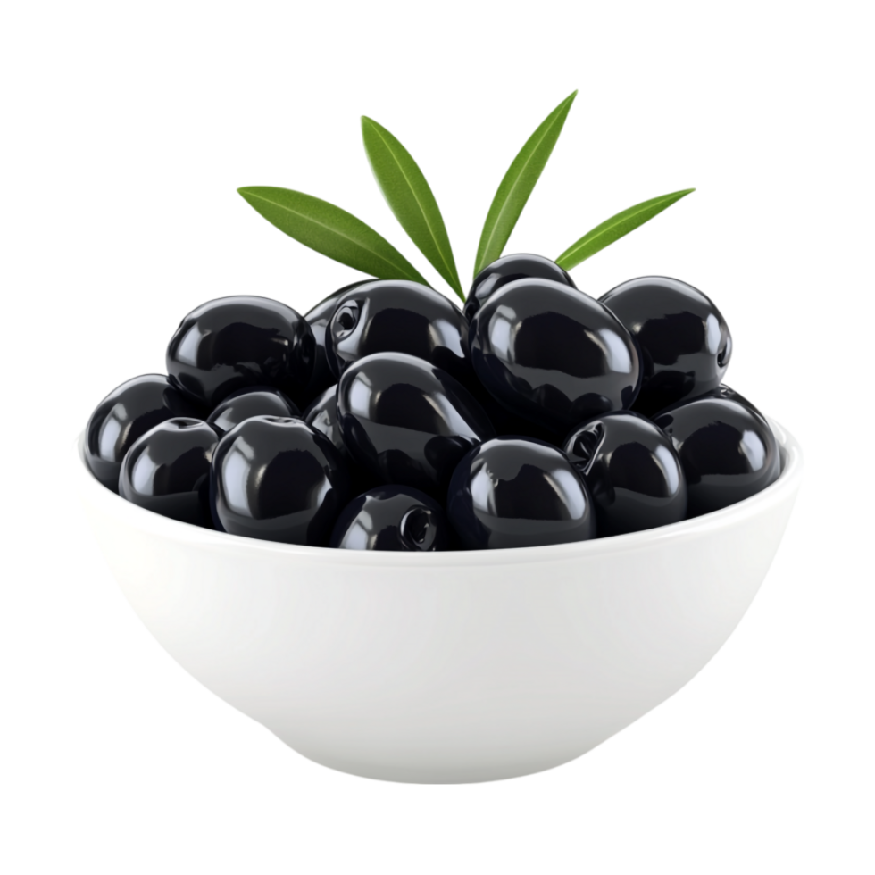 a black olives in a bowl on a transparent background png