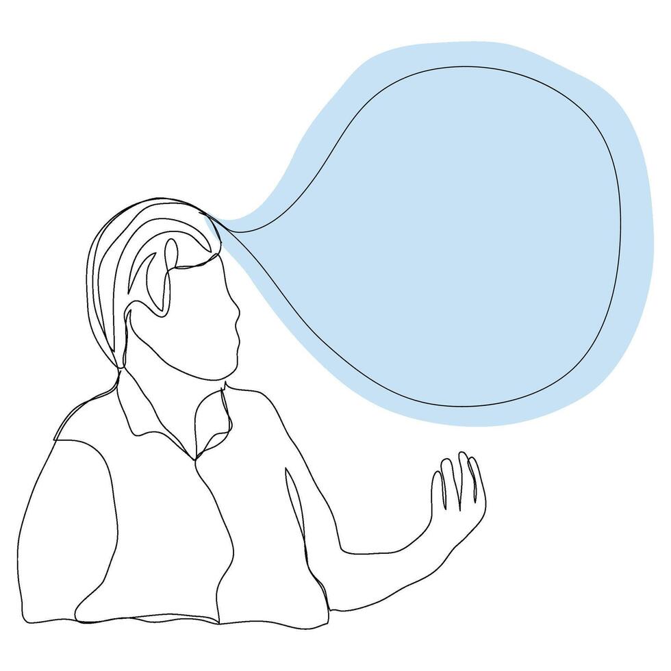 Minimal one line design of blank say talk chat box speak think with man male boy single hand drawn sketch. vector