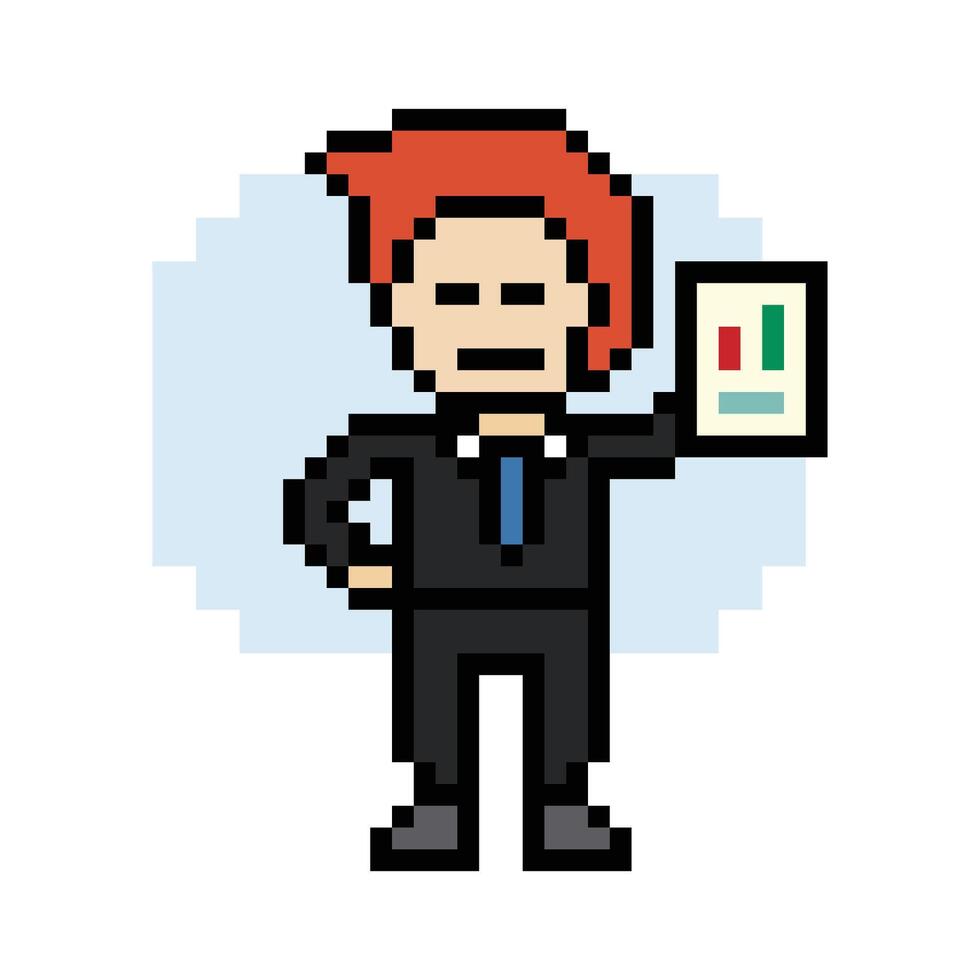 Pixel art of man male boy business concept businessman office work 8 bit cartoon. vector