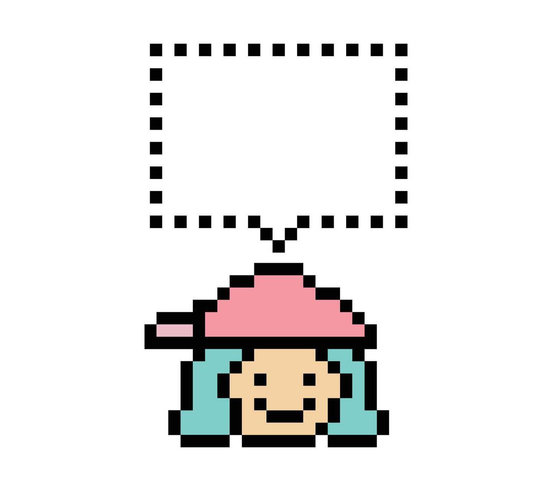 Cartoon 8 bit lady woman female girl face of chat blank say speak talk think chat box pixel. vector