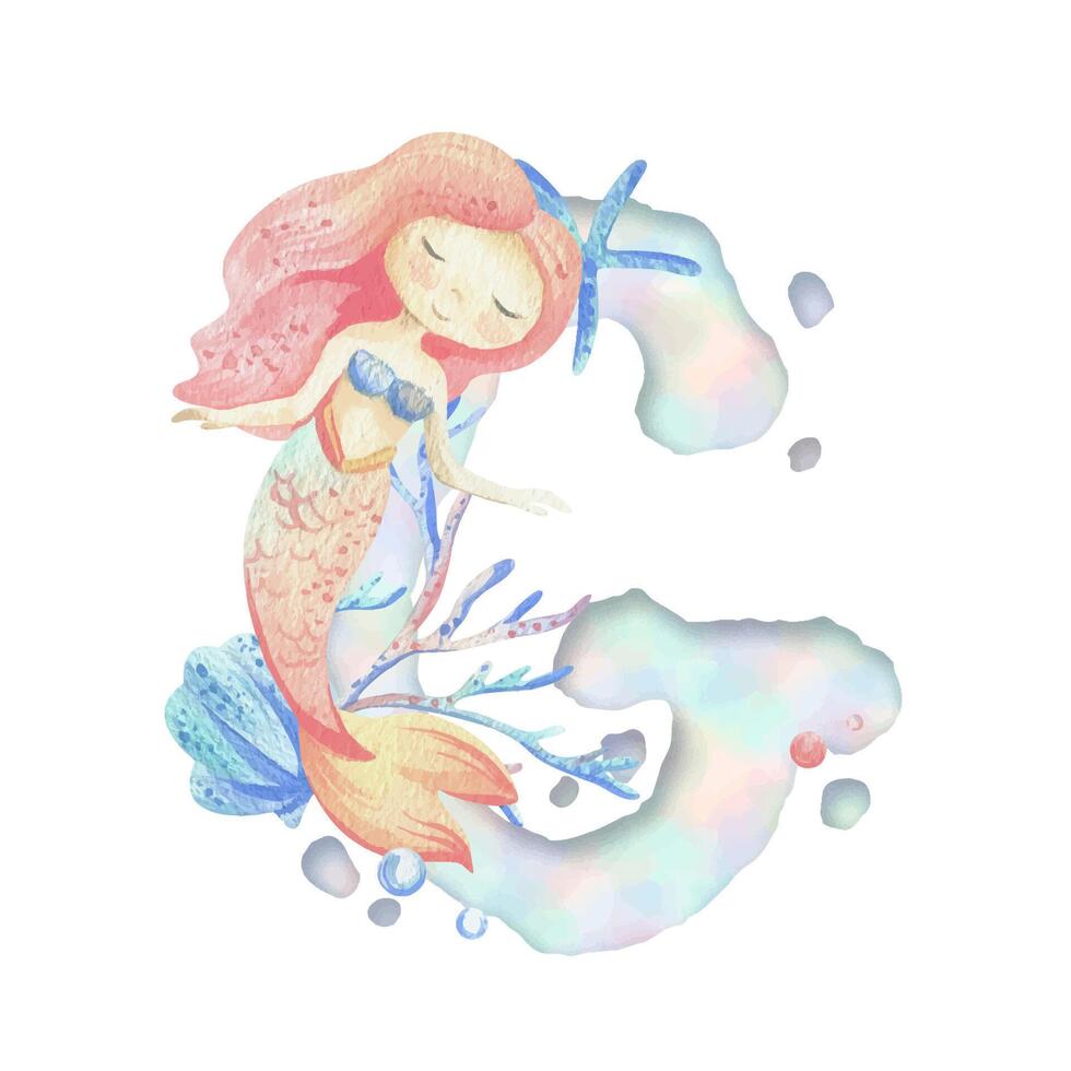 Capital letter of the Latin alphabet G with a mermaid and seaweed, corals, shells, bubbles. In gentle pastel colors of blue, turquoise, coral and pink. Watercolor illustration hand-drawn. Composition vector