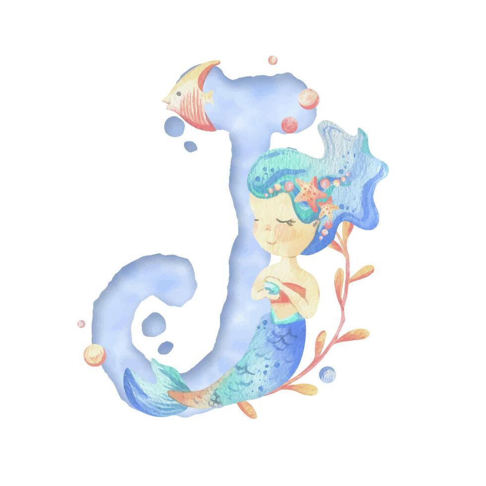 Capital letter of the Latin alphabet J with a mermaid and seaweed, corals, shells, bubbles. In gentle pastel colors of blue, turquoise, coral and pink. Watercolor illustration hand-drawn. Composition vector