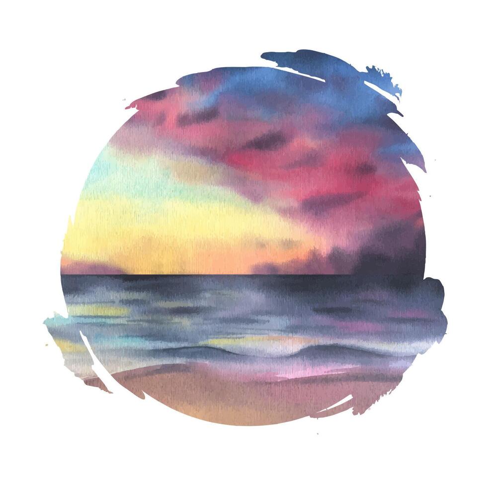 A circular watercolor painting of a breathtaking sunset, with warm tones blending over calm waves. Perfect for logos, stickers, packaging, and coastal-themed designs. Handmade, artistic touch. vector