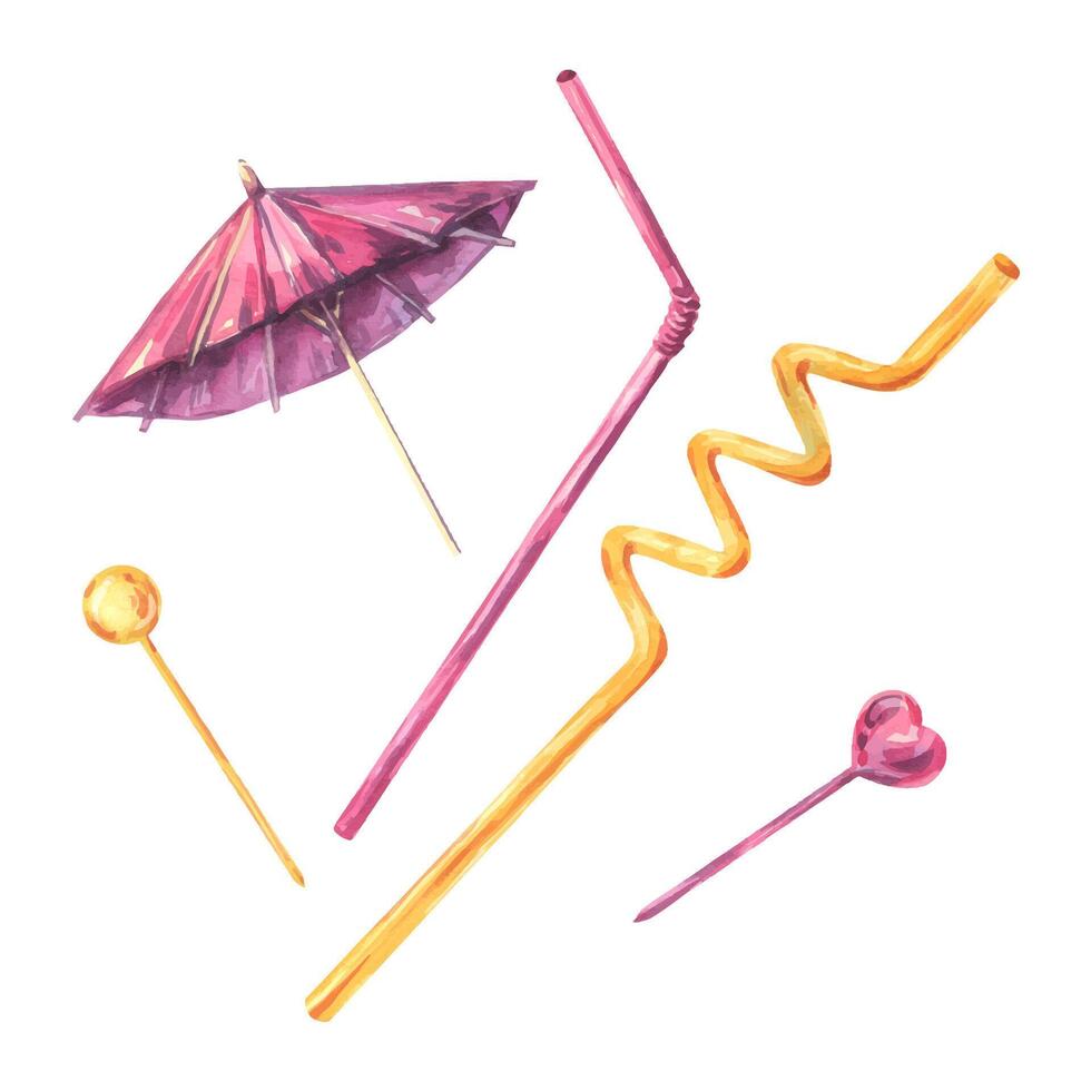 Watercolor illustration of summer cocktail accessories umbrella, two colorful straws, and drink stirrers. Bright handpainted tropical elements ideal for party design, bar decor, and mixology visuals. vector