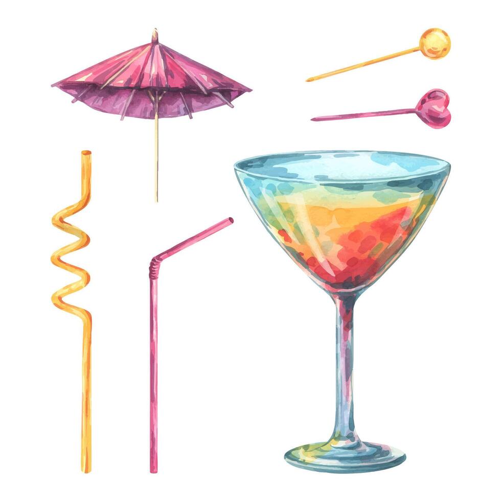 Watercolor illustration of tropical cocktail elements colorful drink in a glass, cocktail umbrella, drinking straws, and decorative stirrers. Perfect for summer design, bar menu, party decor, print vector