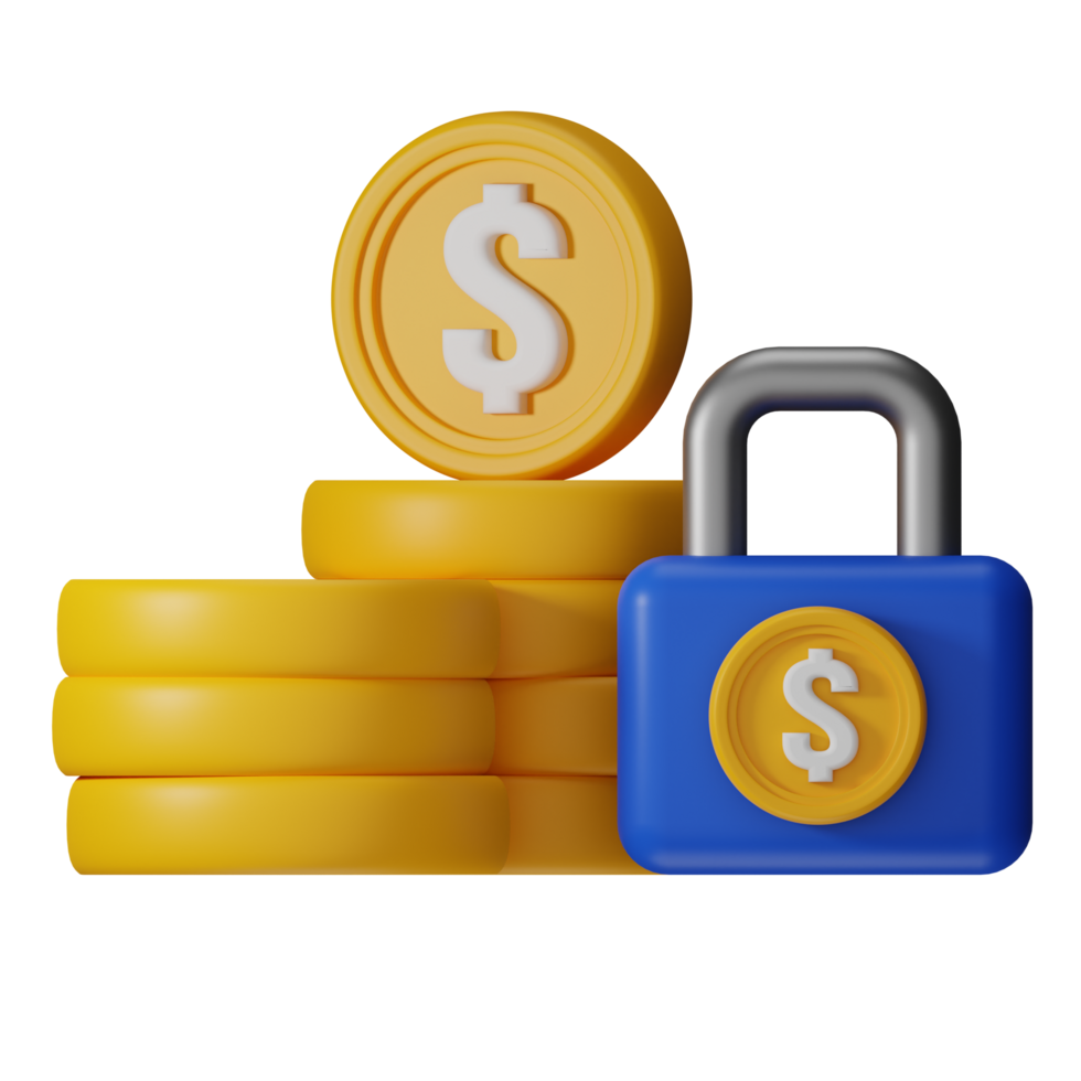 3D Financial Security Concept Coins, Lock, and Savings png