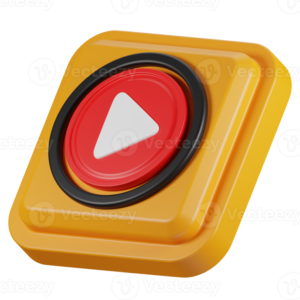 3D rendered play button icon with a yellow square background png