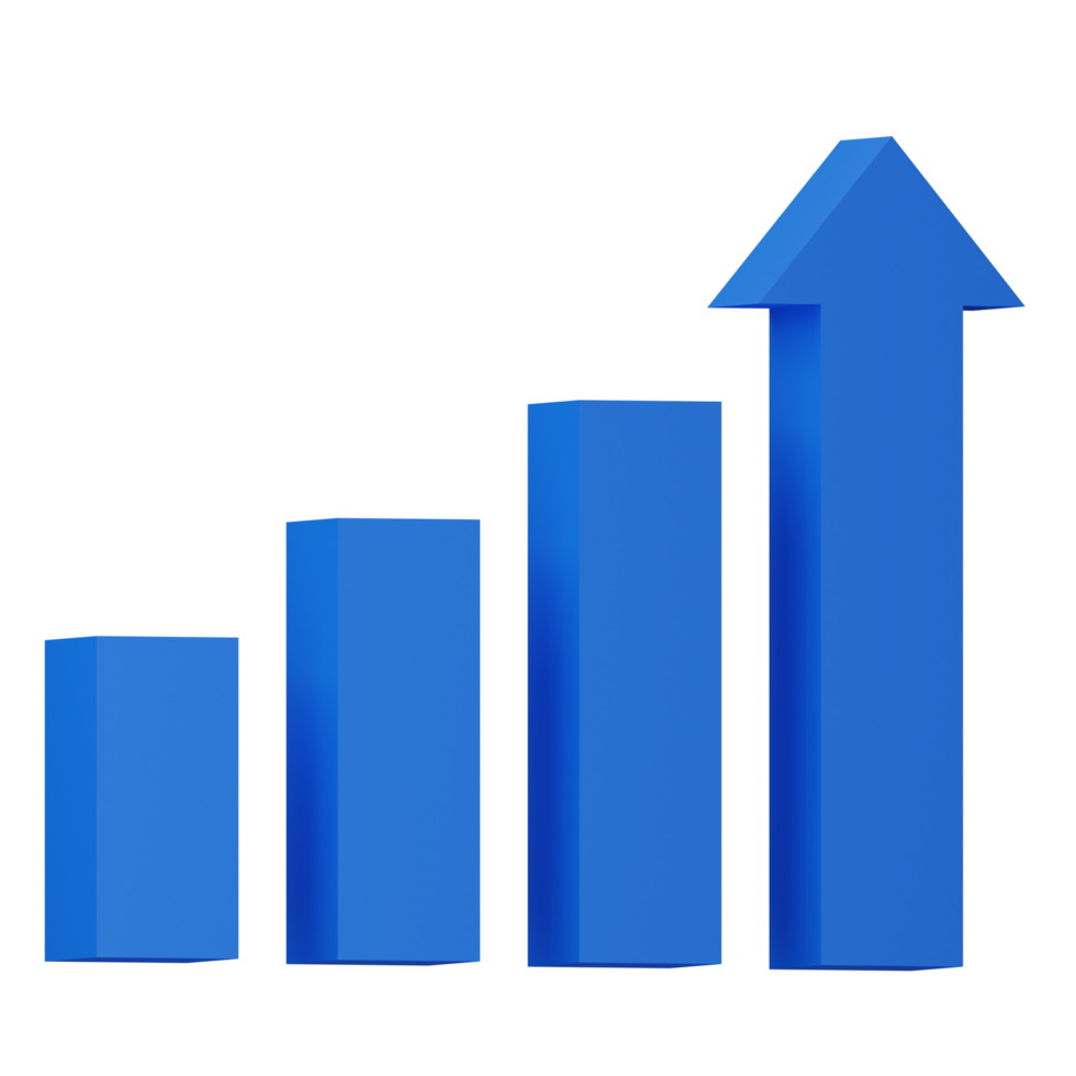 A blue 3D business graph with an arrow illustrates financial growth and market progress png