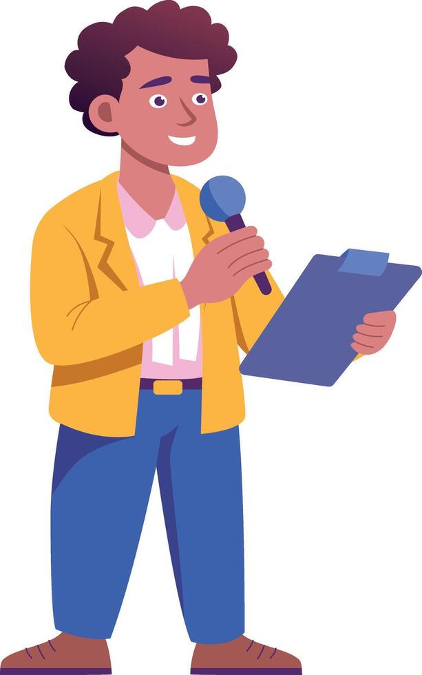 A flat style illustration of journalist holding microphone vector