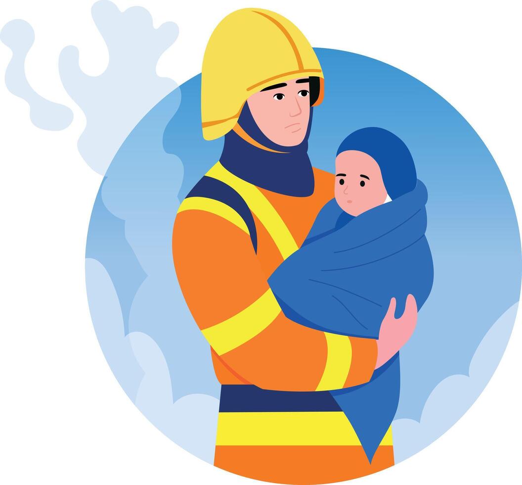 A flat style illustration showing fireman carrying child vector