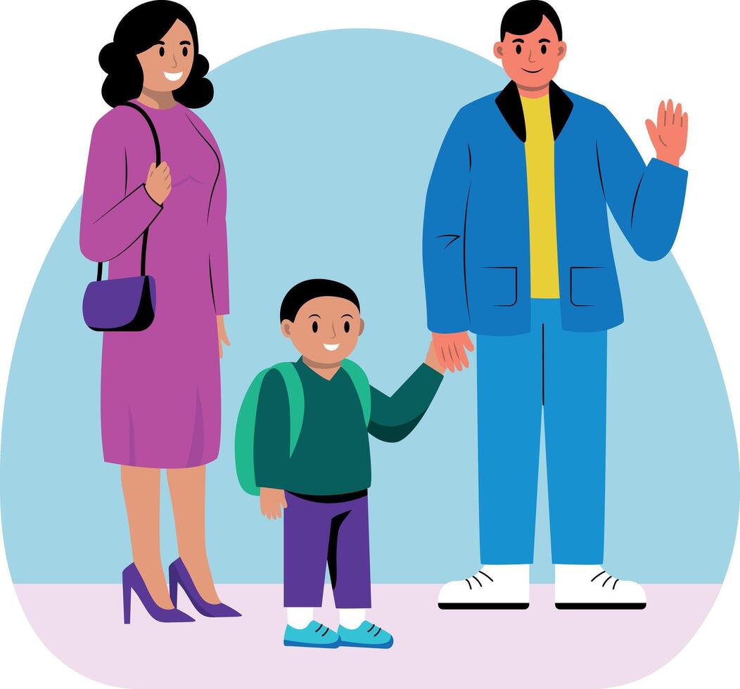 Student going school with his parents, flat illustration vector