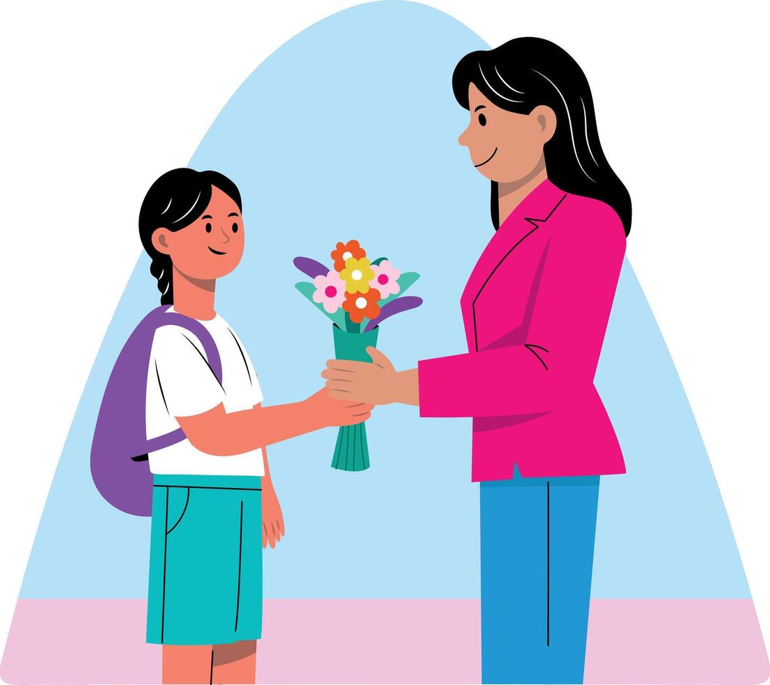 A student giving flowers to his mentor on teacher day, flat illustration vector