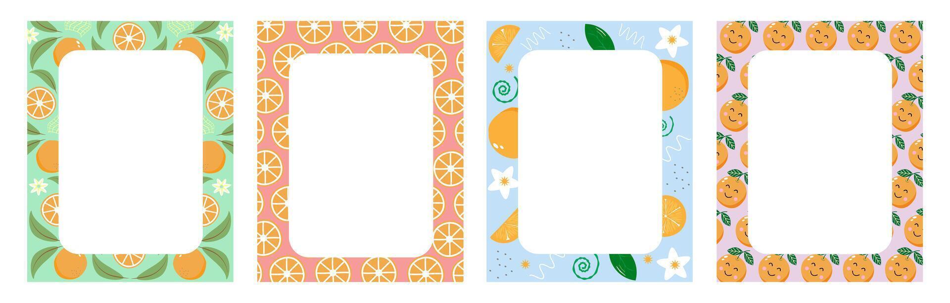 Fruit frame set. Round wreath, border of fruits. Four colorful bookmarks with oranges and lemons vector