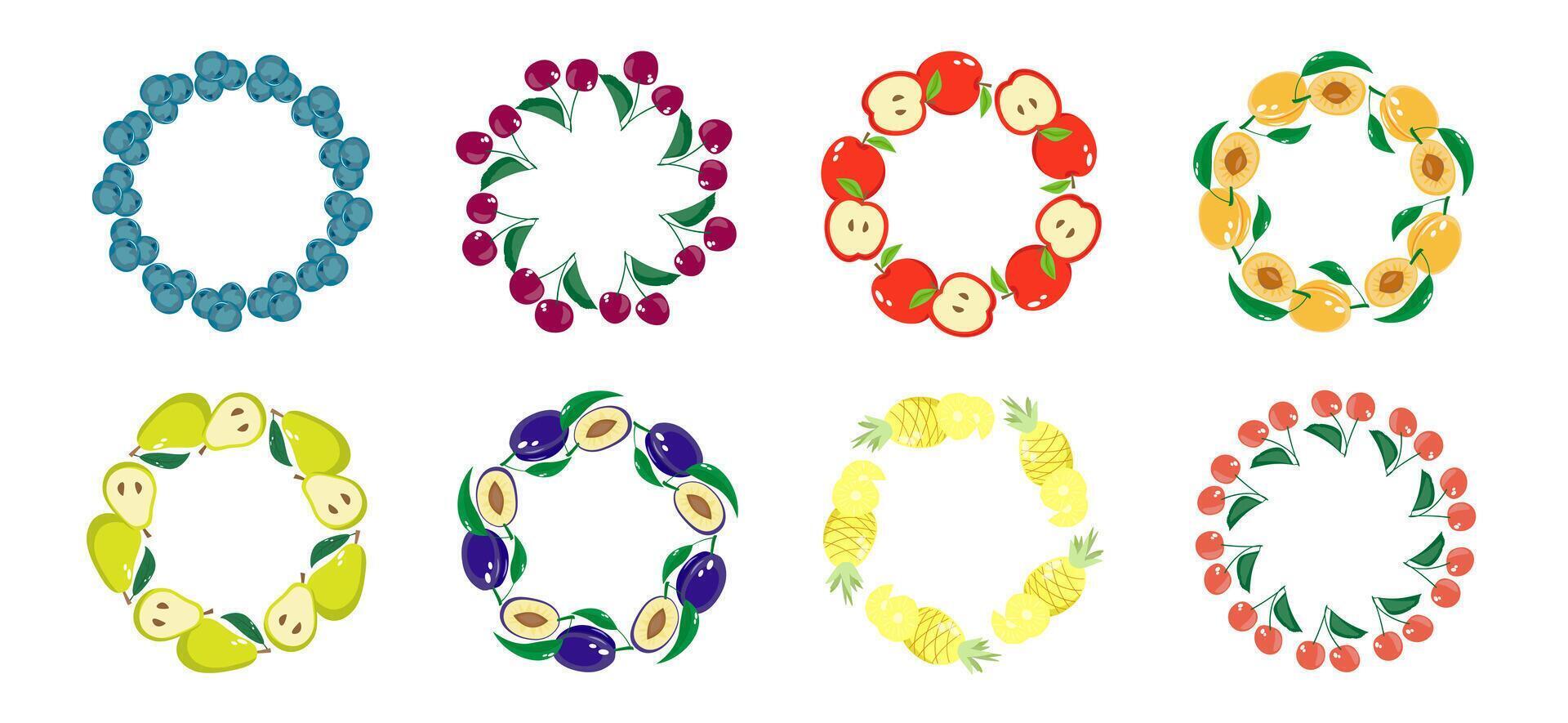 Fruit frame set. Round wreath, border of fruits. Various fruit and vegetables in a circle vector