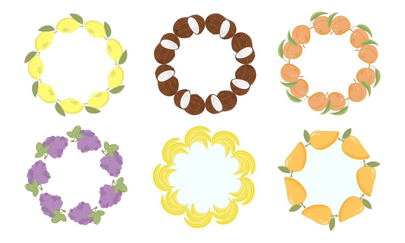 Fruit frame set. Round wreath, border of fruits. Various fruit and vegetable frames vector