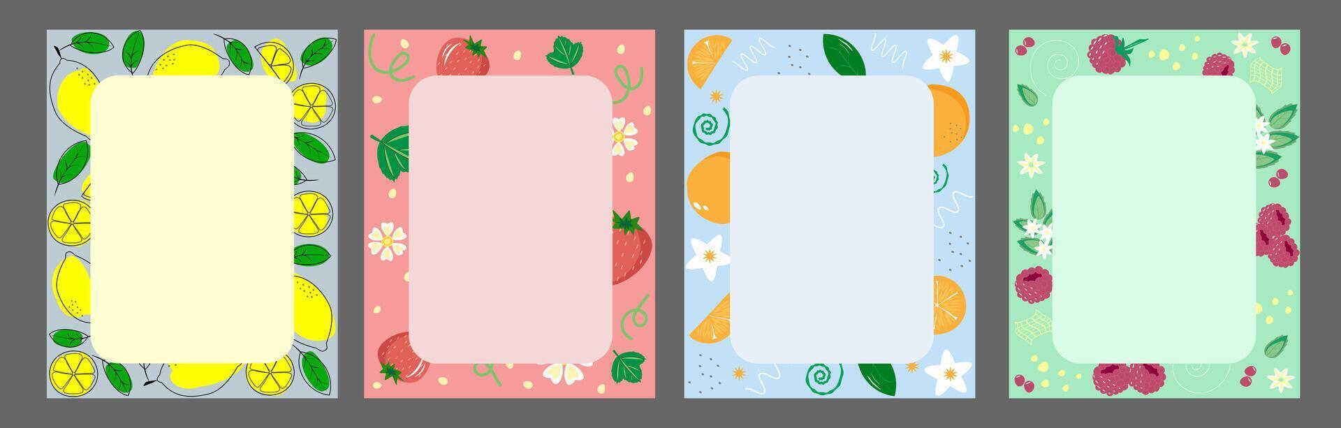 Fruit frame set. Round wreath, border of fruits. Colorful fruit and vegetable themed bookmarks vector