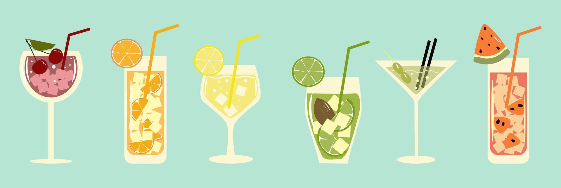 Cocktail Party, Nightclub. Set of flat poster, label, cover. Set of different drinks in glasses vector