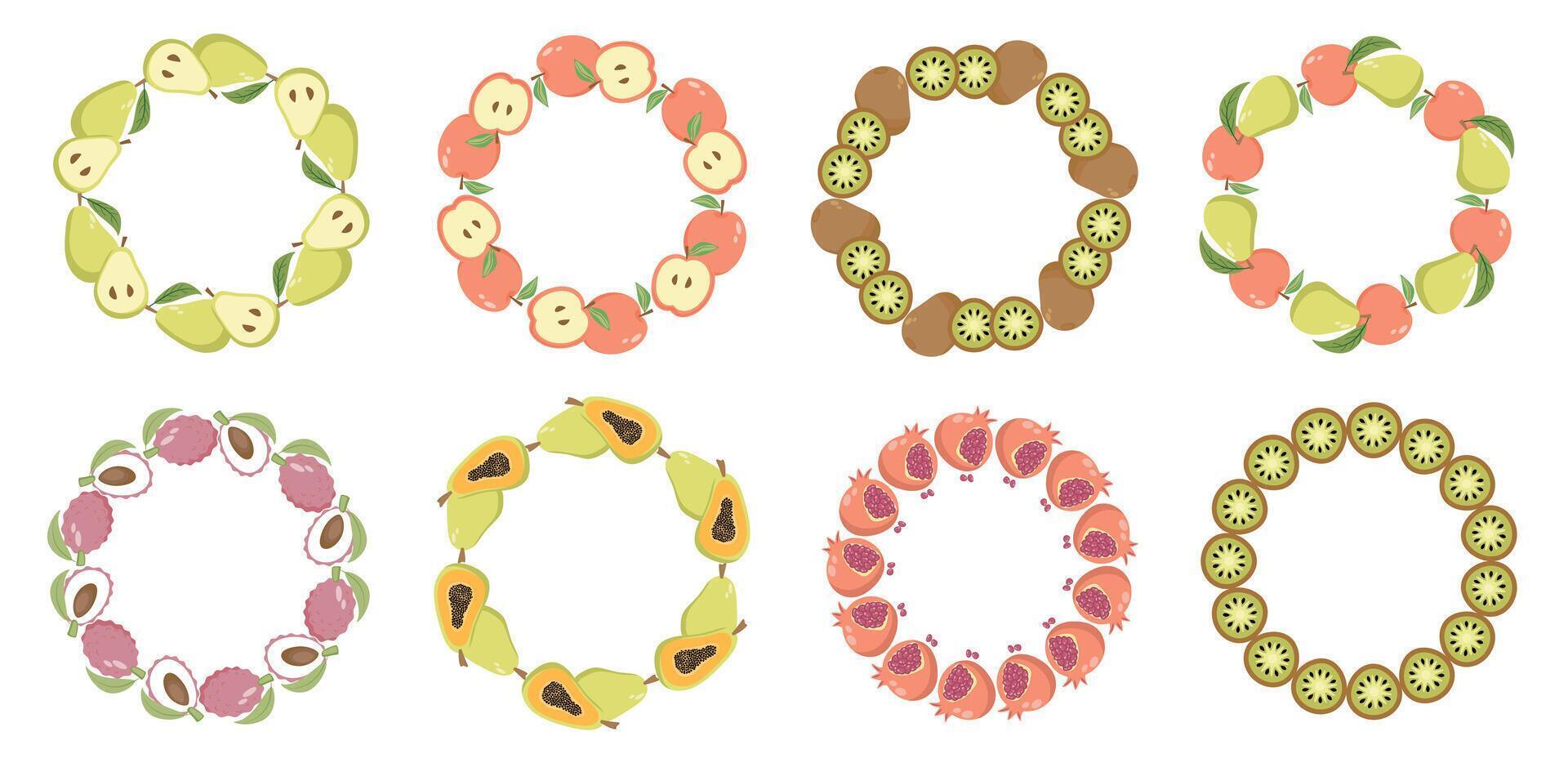 Fruit frame set. Round wreath, border of fruits. Set of fruit wreaths in various colors vector