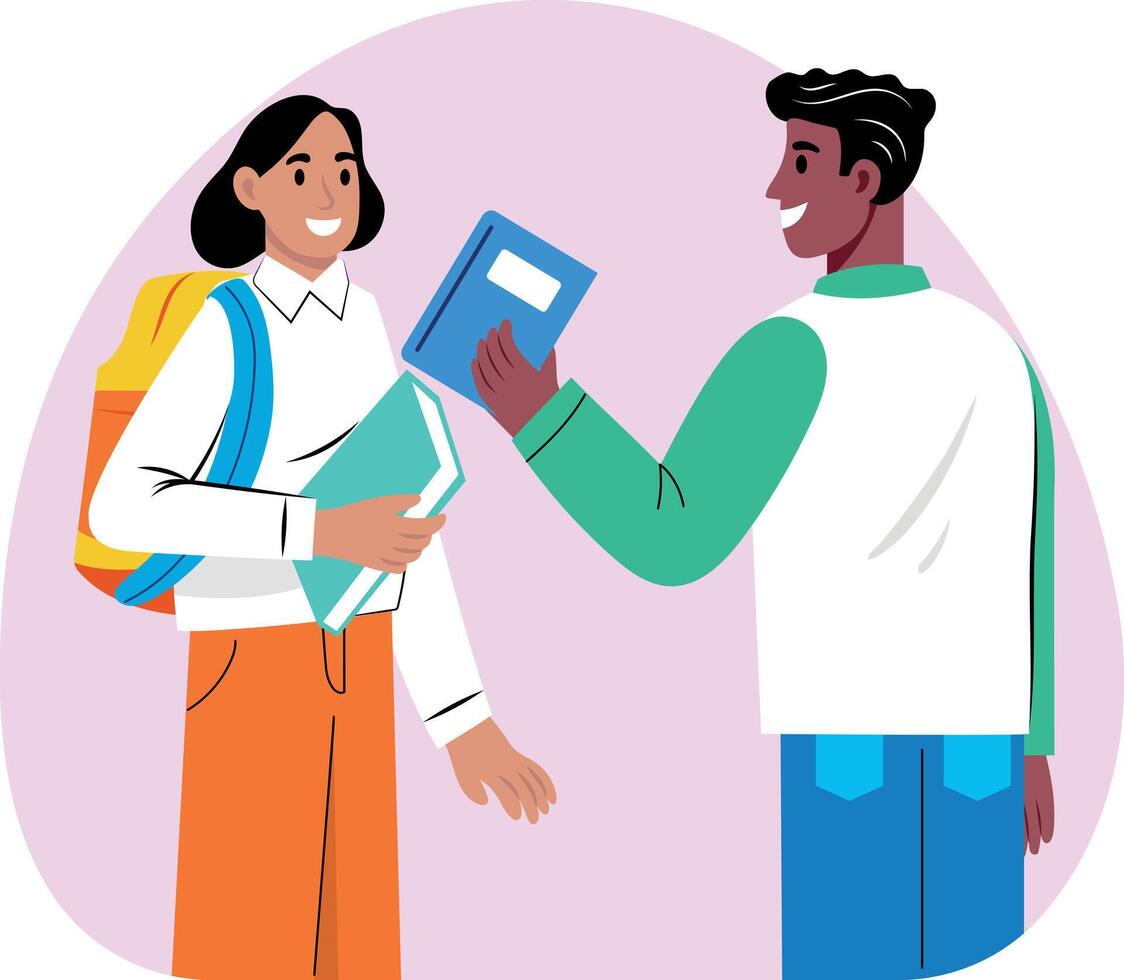 A student sharing book with his friend, flat illustration vector