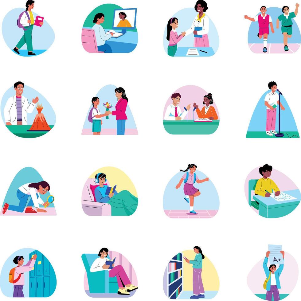 Collection of School Students Flat Style Illustrations vector