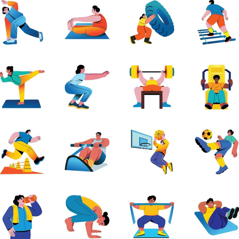 Pack of Fitness and Health Flat Style Illustrations vector