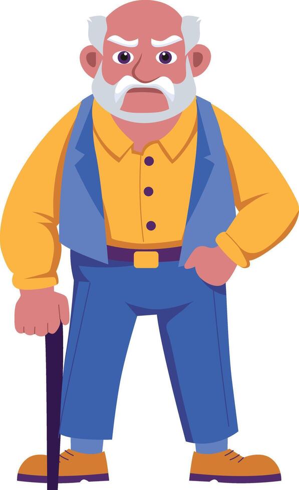 Flat style illustration showing a grumpy grandpa holding cane vector