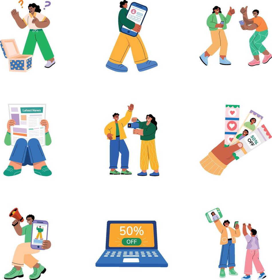 Pack of 09 Influencer Marketing Flat Style Illustrations vector