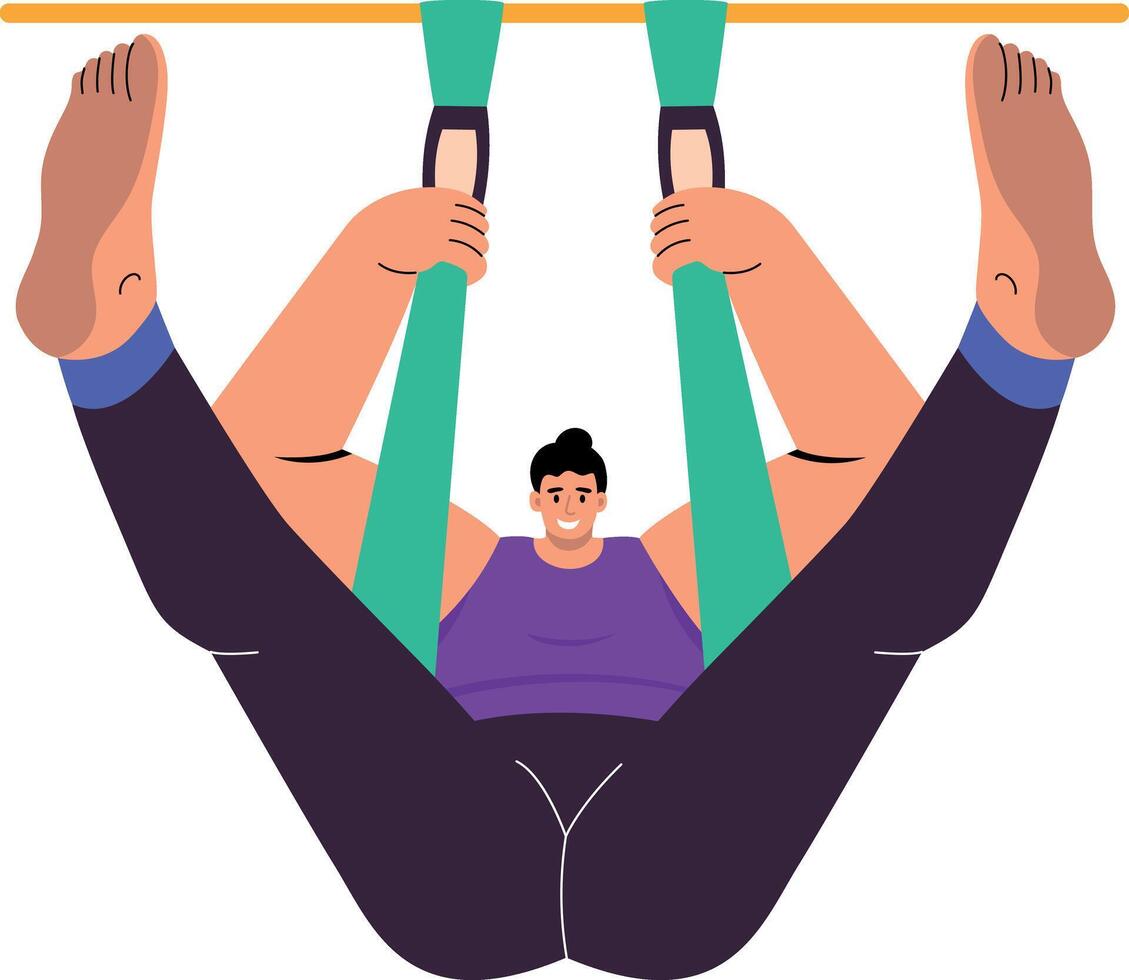 A flat style illustration showing a character doing aerial yoga vector