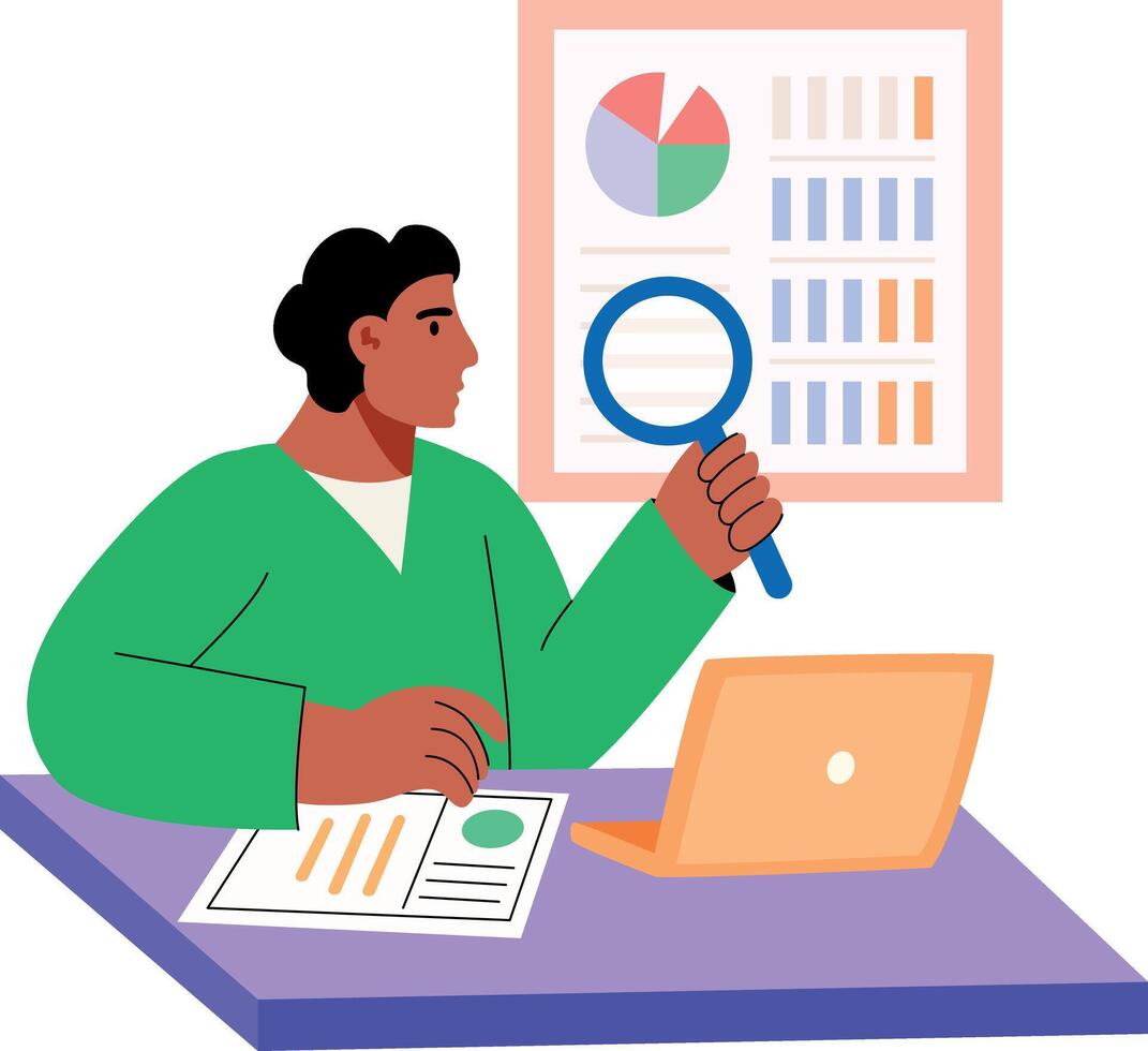 A flat illustration showing analyst reviewing data with magnifier vector