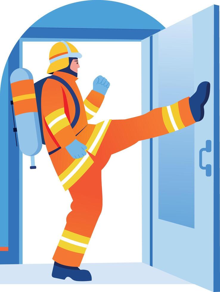 A flat style illustration showing a fireman breaking door vector