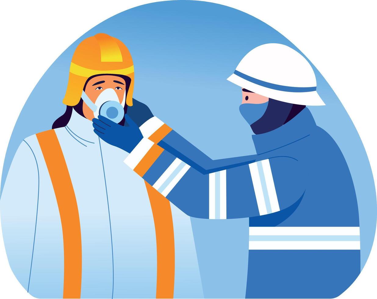 A flat style illustration showing a fireman giving breathing mask vector