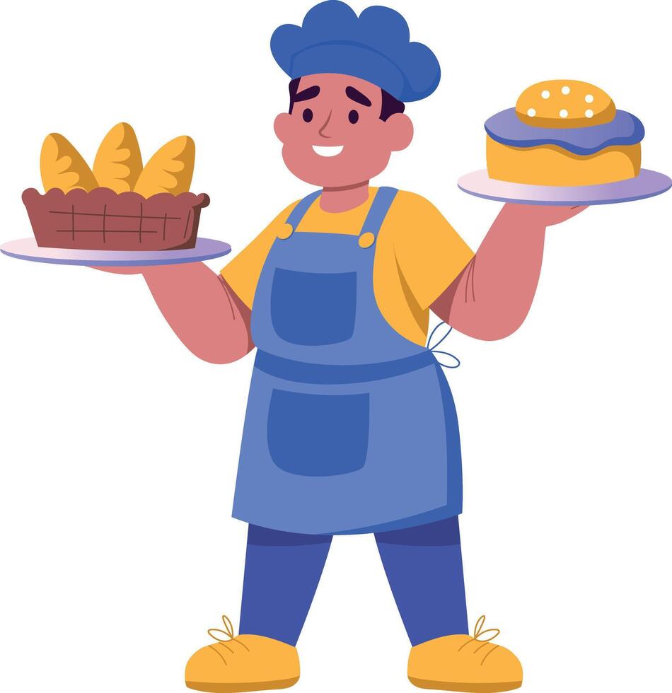 A flat style illustration of baker presenting fresh bread vector