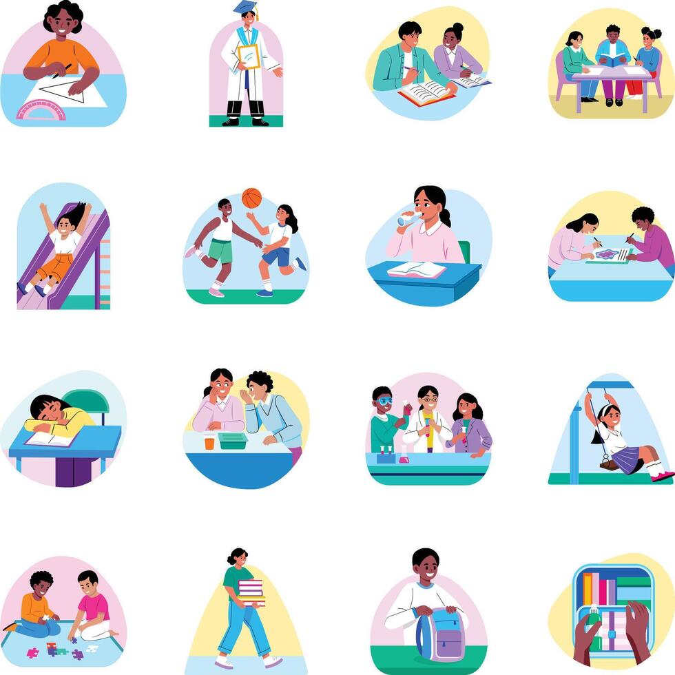 Set of School Activities Flat Style Illustrations vector