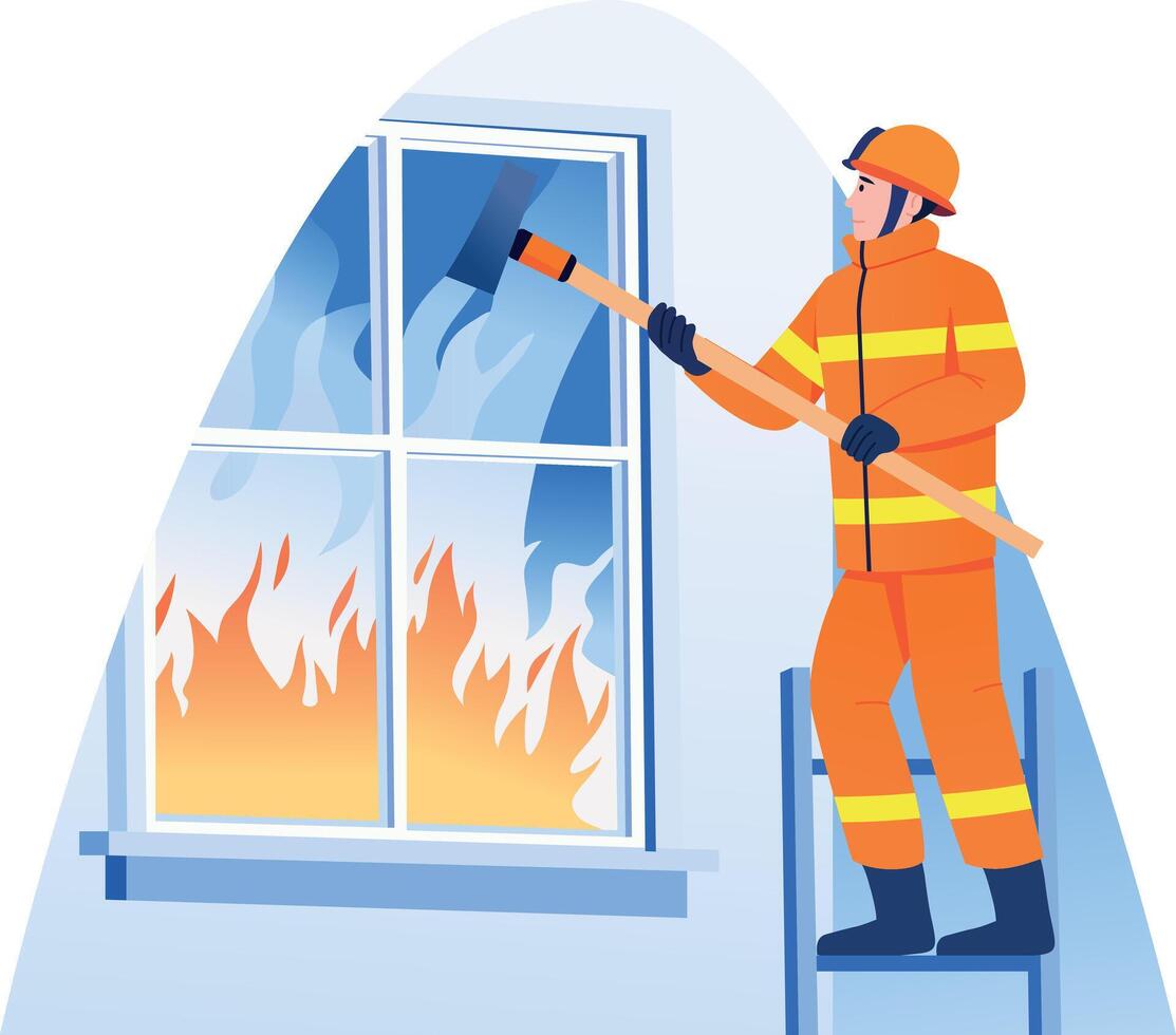 A flat style illustration of firefighter breaking window vector