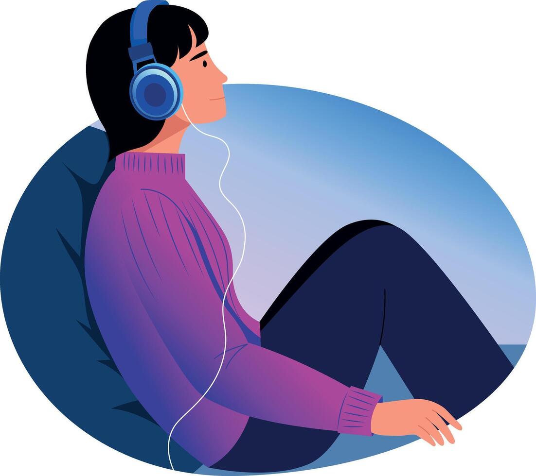 A character listening to soothing music, flat illustration vector
