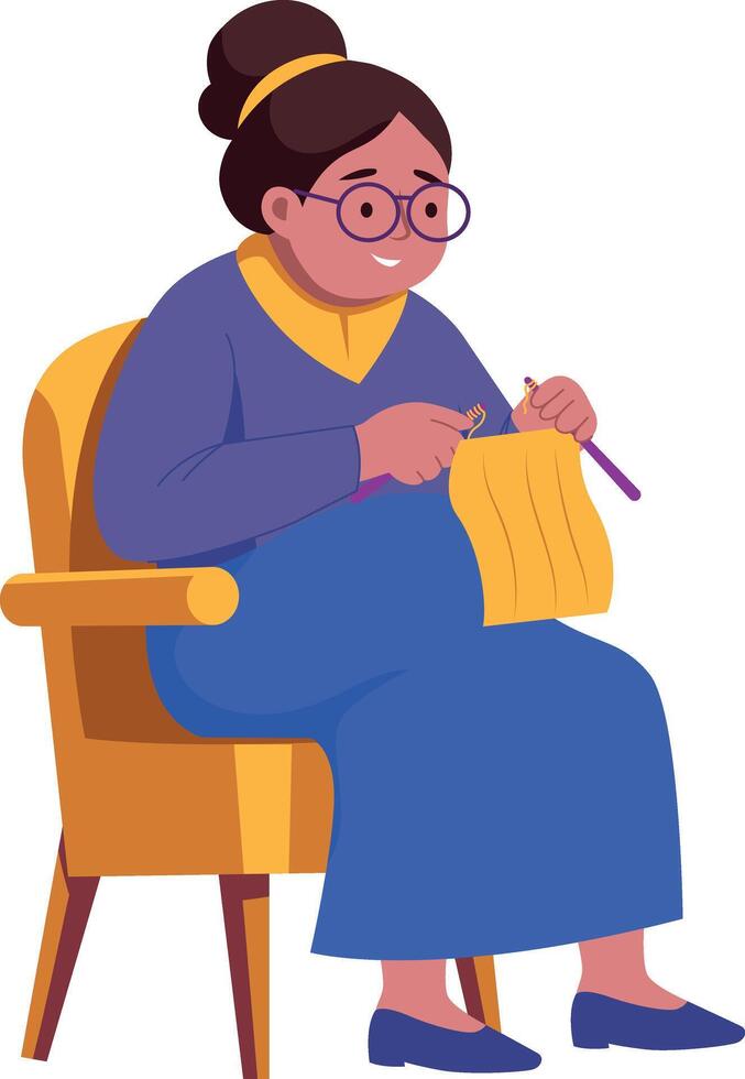 A flat style illustration of grandma knitting on chair vector