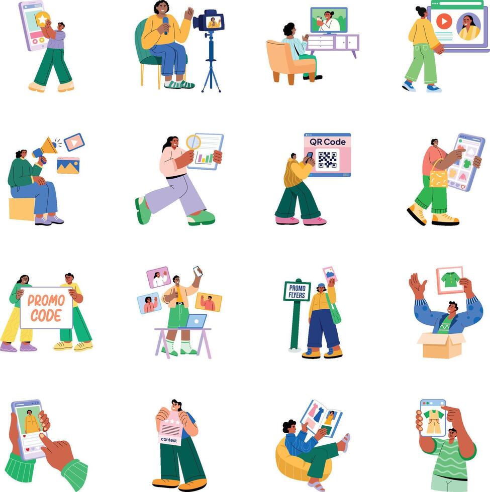 Pack of Advertising Techniques Flat Style Illustrations vector