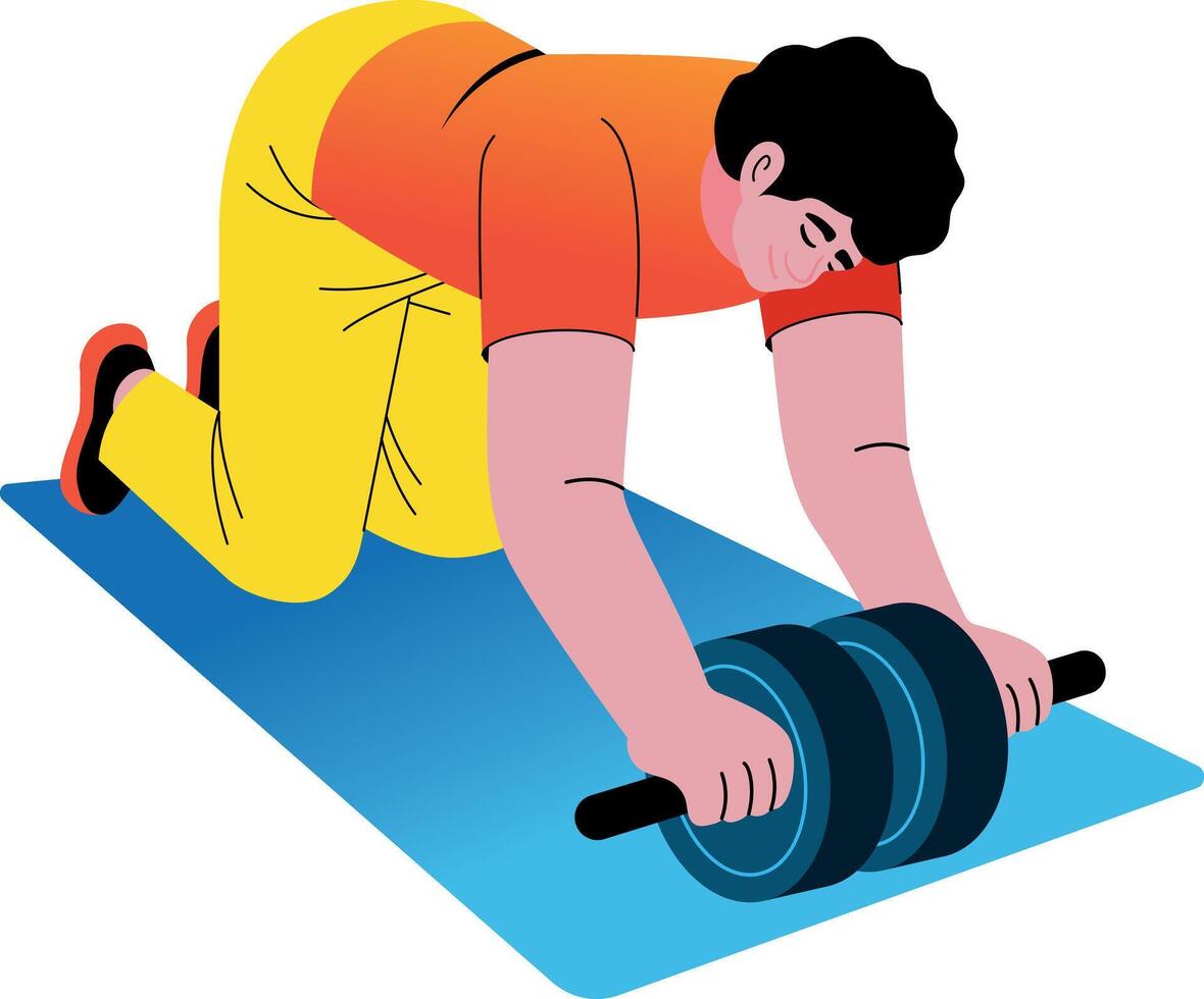 A flat style illustration showing a character doing ab roller vector