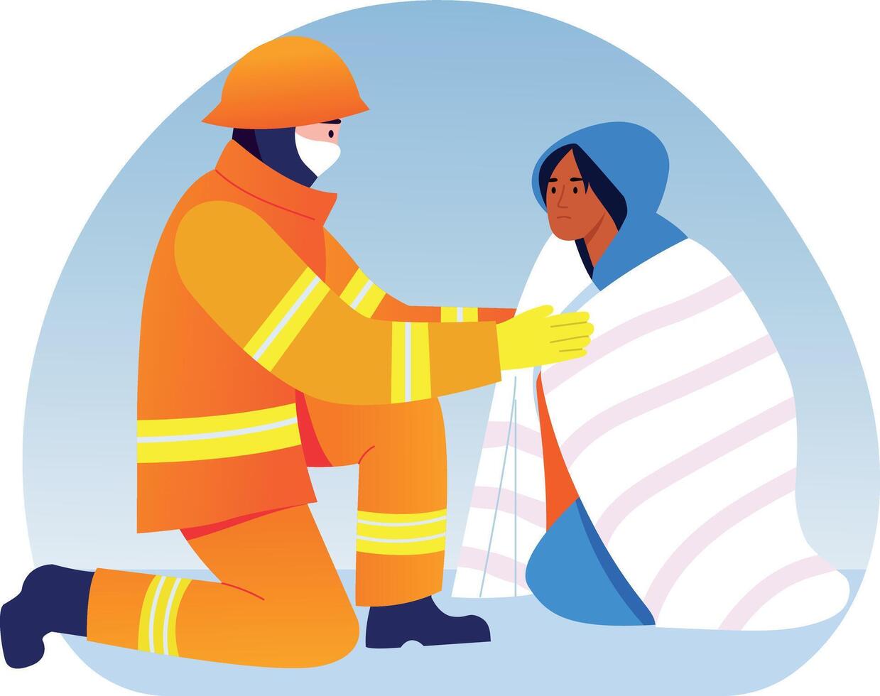 A flat style illustration showing a fireman giving blanket wrap vector